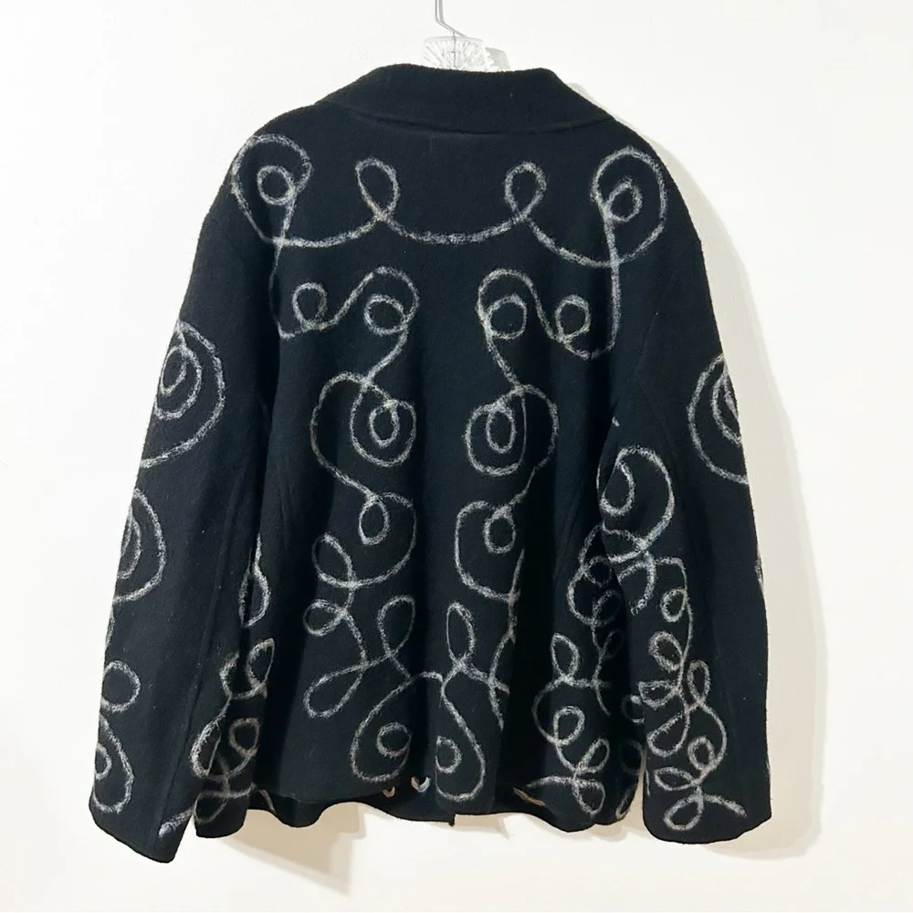 Vintage Carole Little Boiled Wool Cardigan Jacket Black- Yellow Blue White Swirl - Picture 7 of 16
